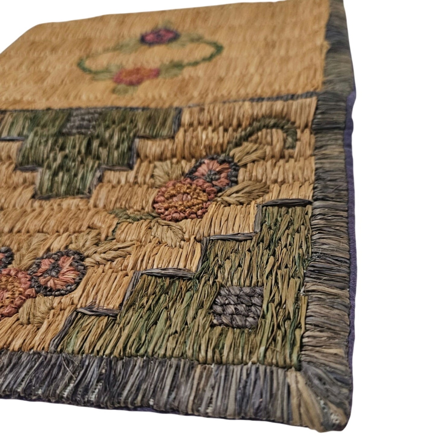 1940s Handwoven Grass Clutch Wallet Bag Floral Motiff Gently Used 8 x 6 Inch