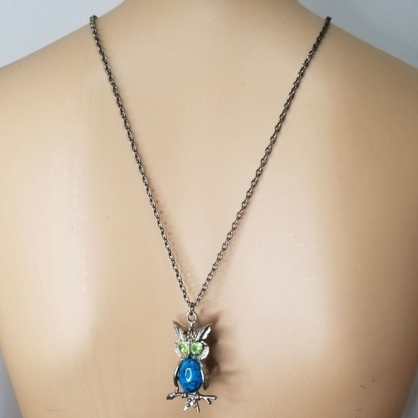 60s Vintage Turquoise Belly Green Crystal Eyes Owl Pendant Chain Link Necklace