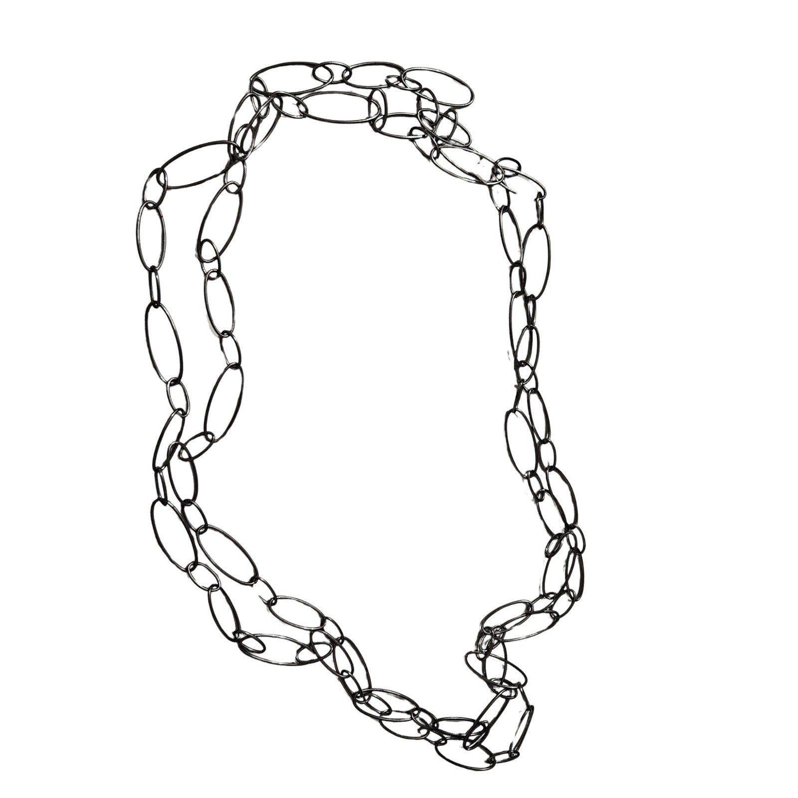 1950s MCM Gun Metal Thin Opera Length Long Open Silver Chain Link Necklace [Vintage]