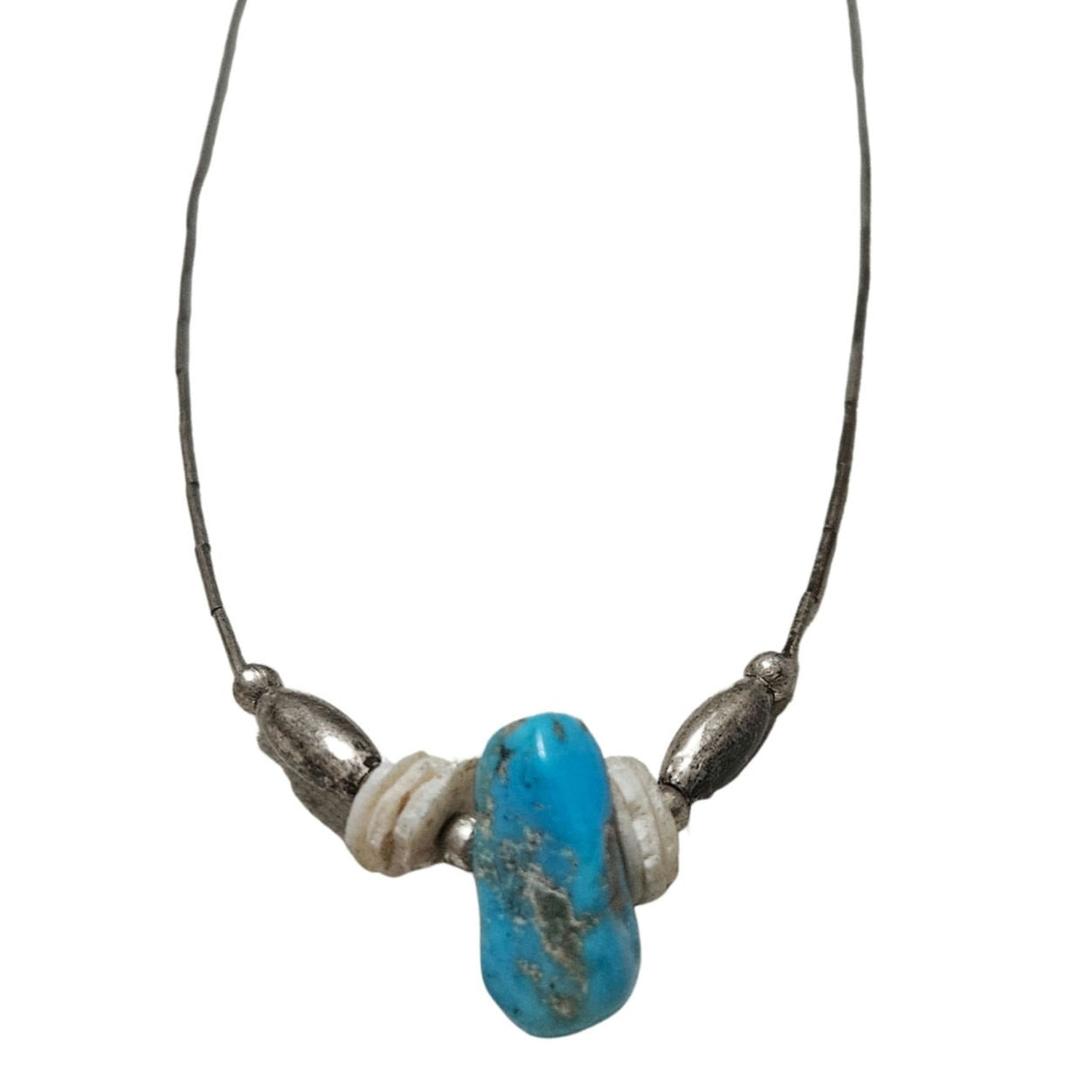 1970s Sterling Silver Liquid + Shell Beads + Uncut Turquoise Stone Necklace