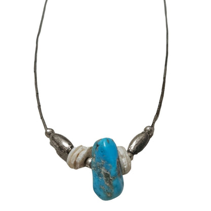 1970s Sterling Silver Liquid + Shell Beads + Uncut Turquoise Stone Necklace