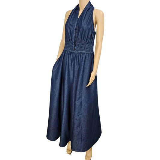 Jean Shirred Racerback Elephant Extra Wide Leg Blue Denim Romper V Neck Size XL