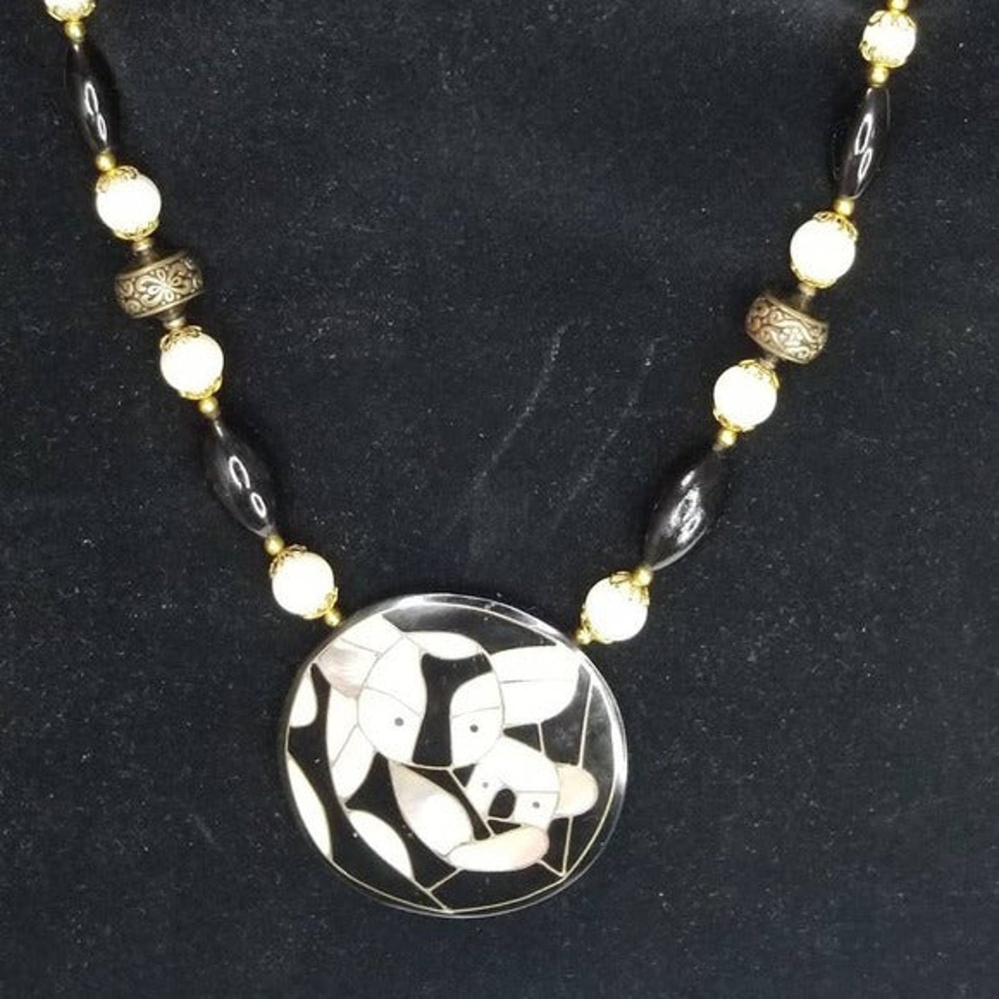 Panda Mom & Baby Pendant Beaded Necklace Mother of Pearl VINTAGE Jewlery