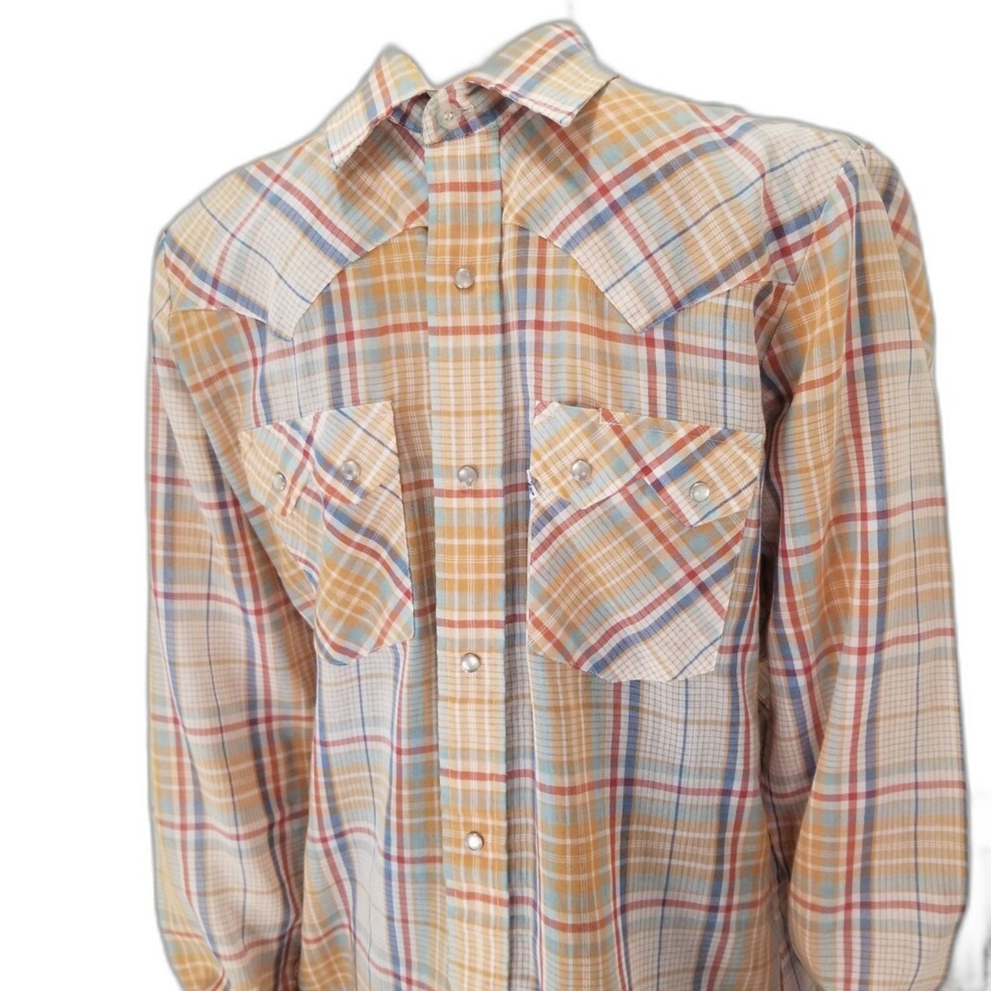 1970s Levi's Western Cowboy Button Up Shirt Big E White Tab Plaid Size Medium [Vintage]