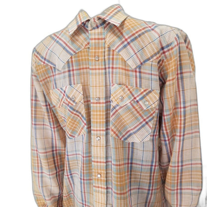 1970s Levi's Western Cowboy Button Up Shirt Big E White Tab Plaid Size Medium [Vintage]