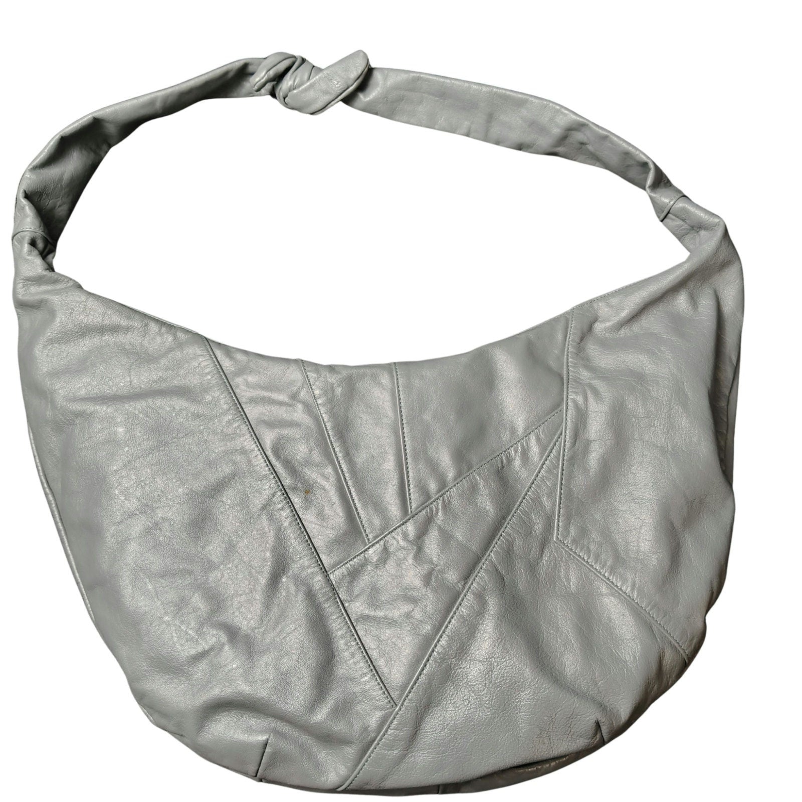 1980s Gray Leather Bohemian Boho Style Patchwork Crescent Bag Adjustable Strap [VINTAGE]