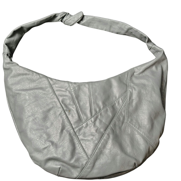 1980s Gray Leather Bohemian Boho Style Patchwork Crescent Bag Adjustable Strap [VINTAGE]