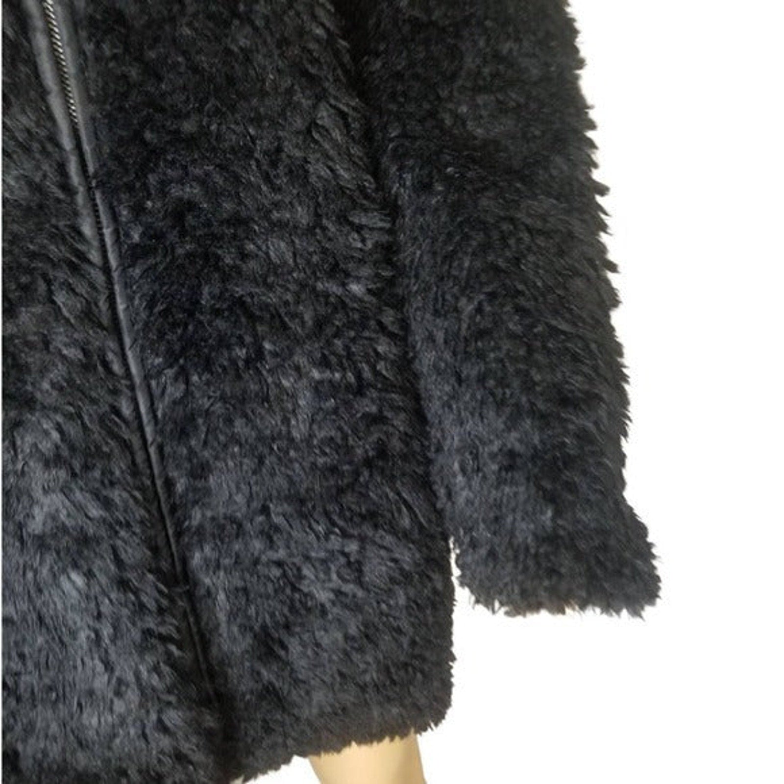 1990s Long Black Faux Sheep Fur Box Cut Zip Up Coat Nearly New Size Medium [Vintage]