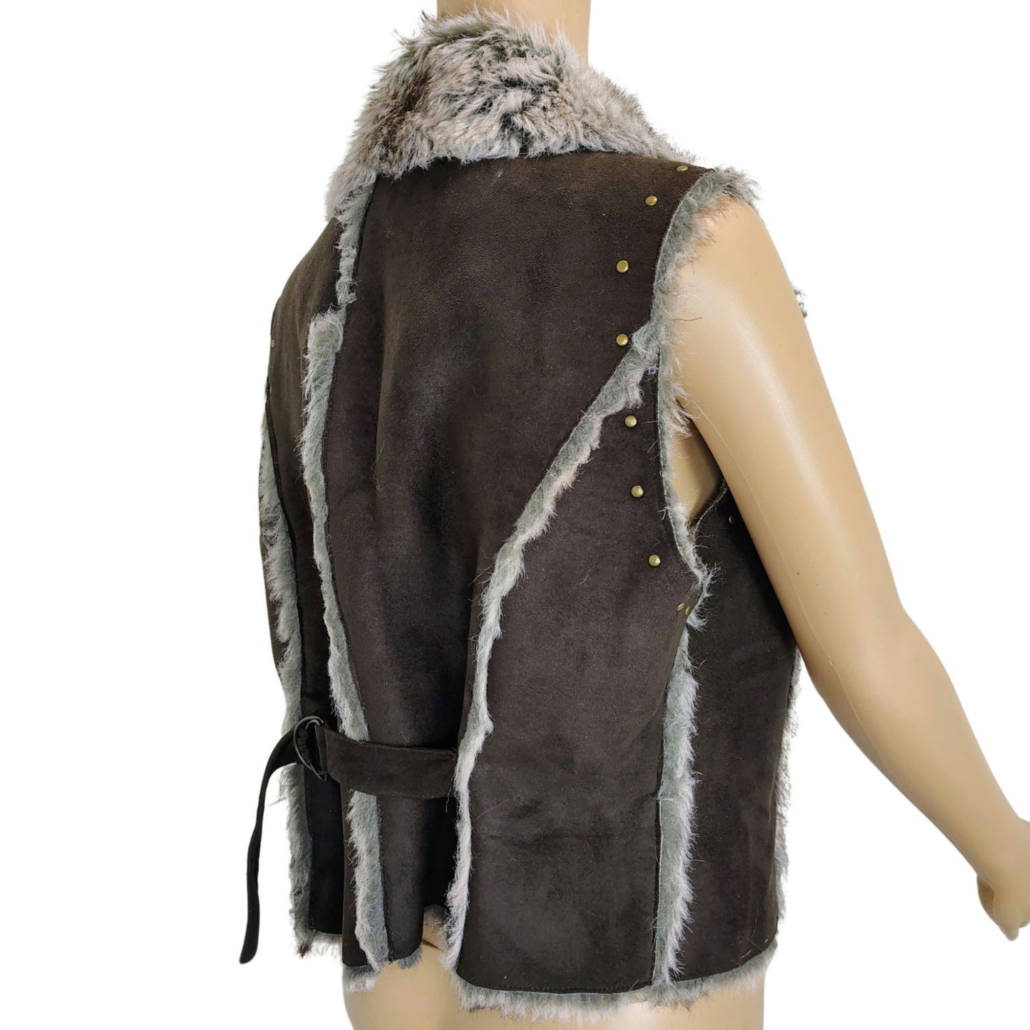 Faux Fur Mocha Brown Vegan Leather Lined Patchwork Studded Vest Size Large