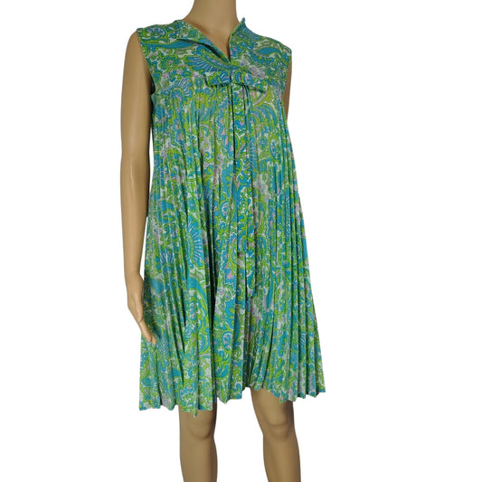 60s Paisley Accordion Pleats Green Blue Mock High-neck Bow Sheath Dress Size Small [Vintage]
