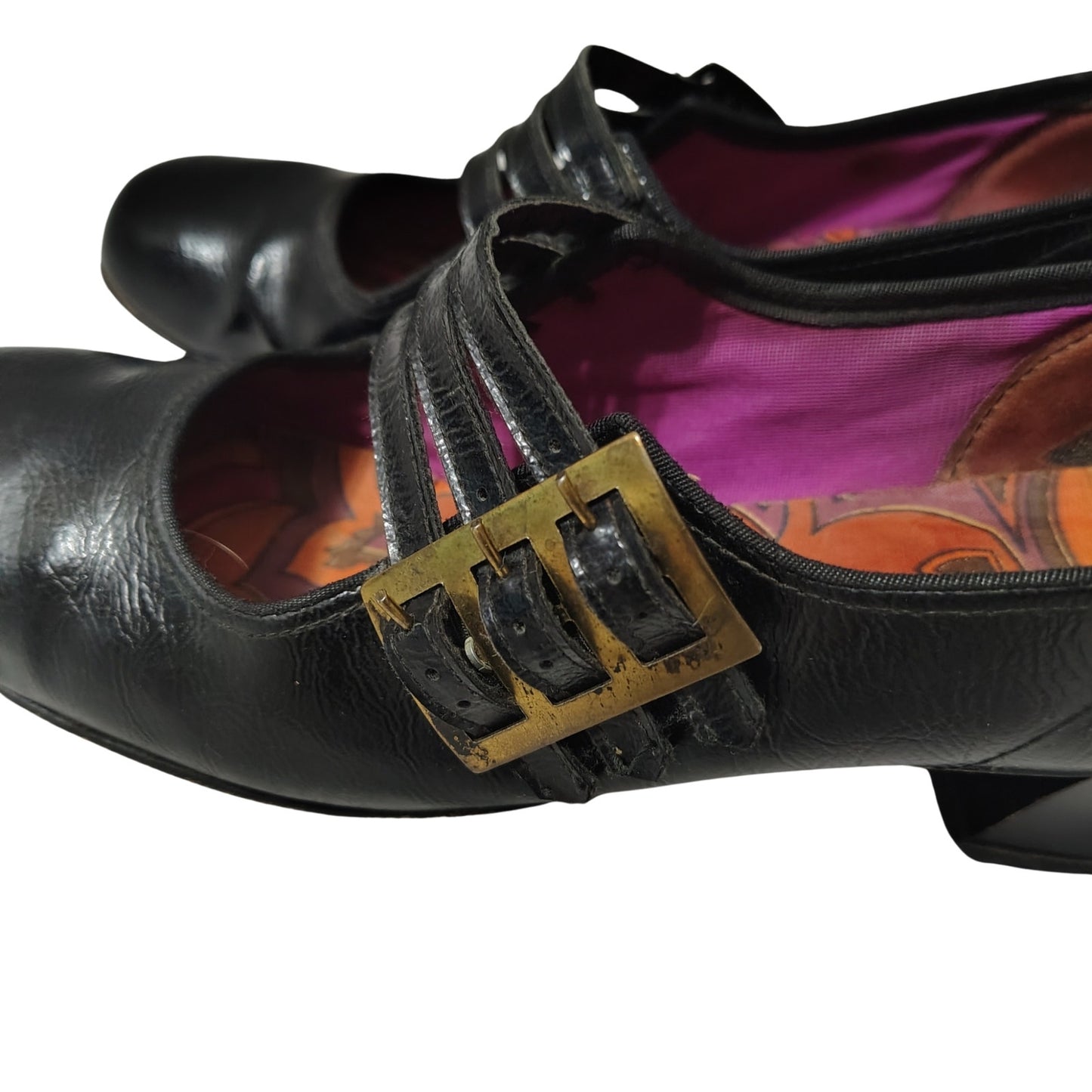 60s Mary Janes Black Leather Square Toe Block Heel Womens Shoes Size 7 [Vintage]