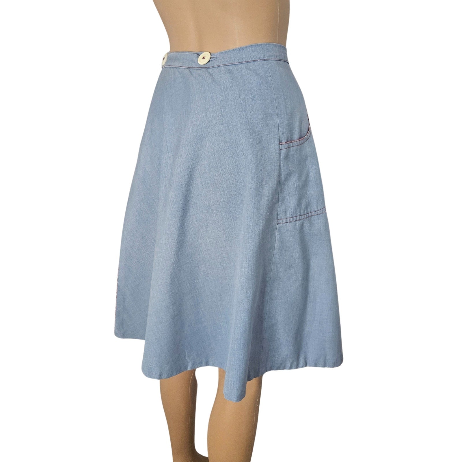 1970s Blue Red White Midi Wrap Skirt Plaid Accents Lining Hand Made Size XS [Vintage]