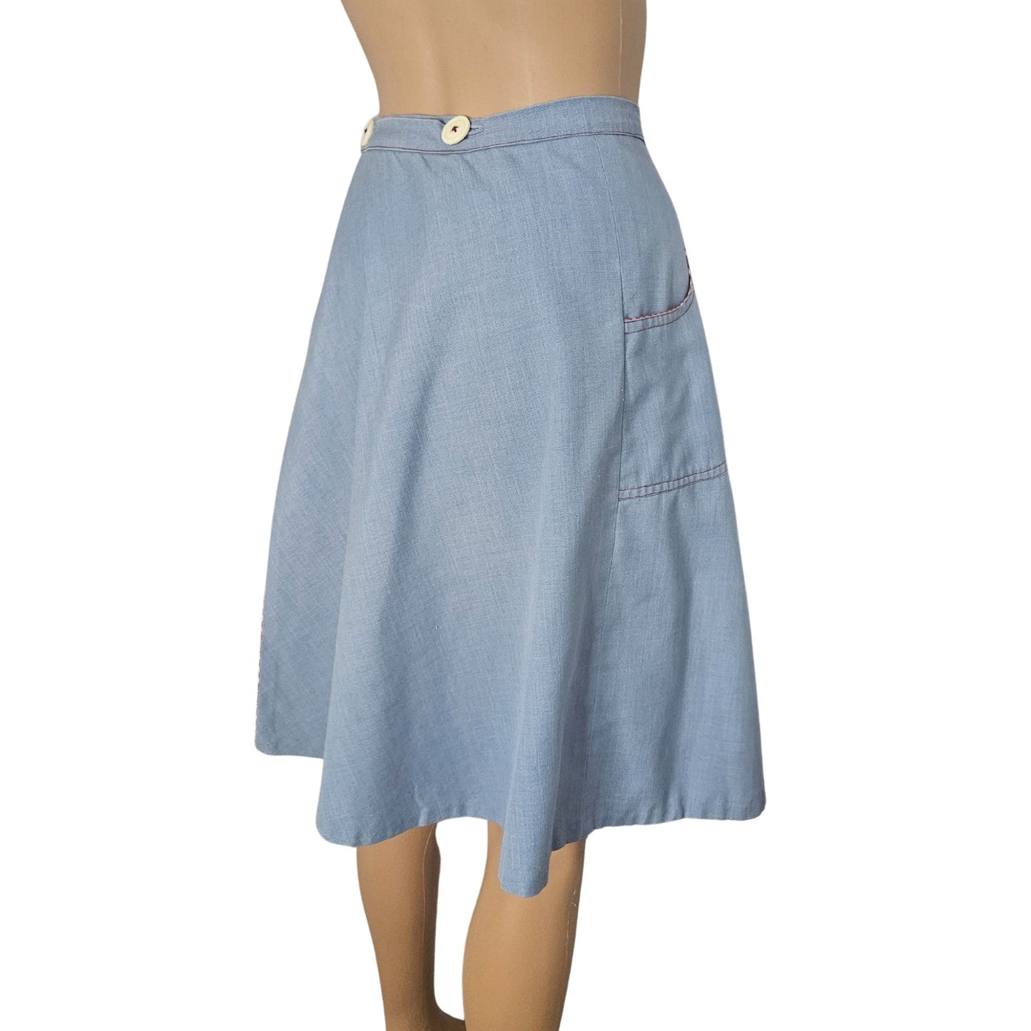 1970s Blue Red White Midi Wrap Skirt Plaid Accents Lining Hand Made Size XS [Vintage]