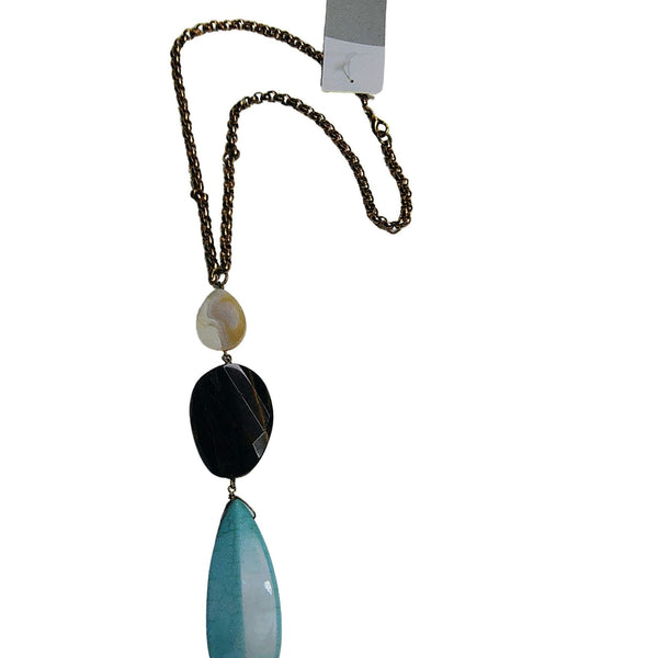 Vntage Pendant Statement Necklace Turquoise Tigers Eye MOP Gold Round Link 18" [Vintage]