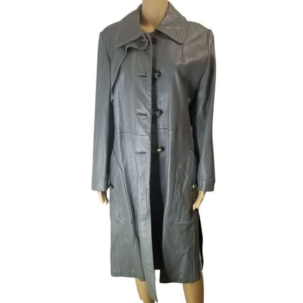 1970s Gray Belted Long Leather Trench Coat Collar Big Pockets Size Med Vintage