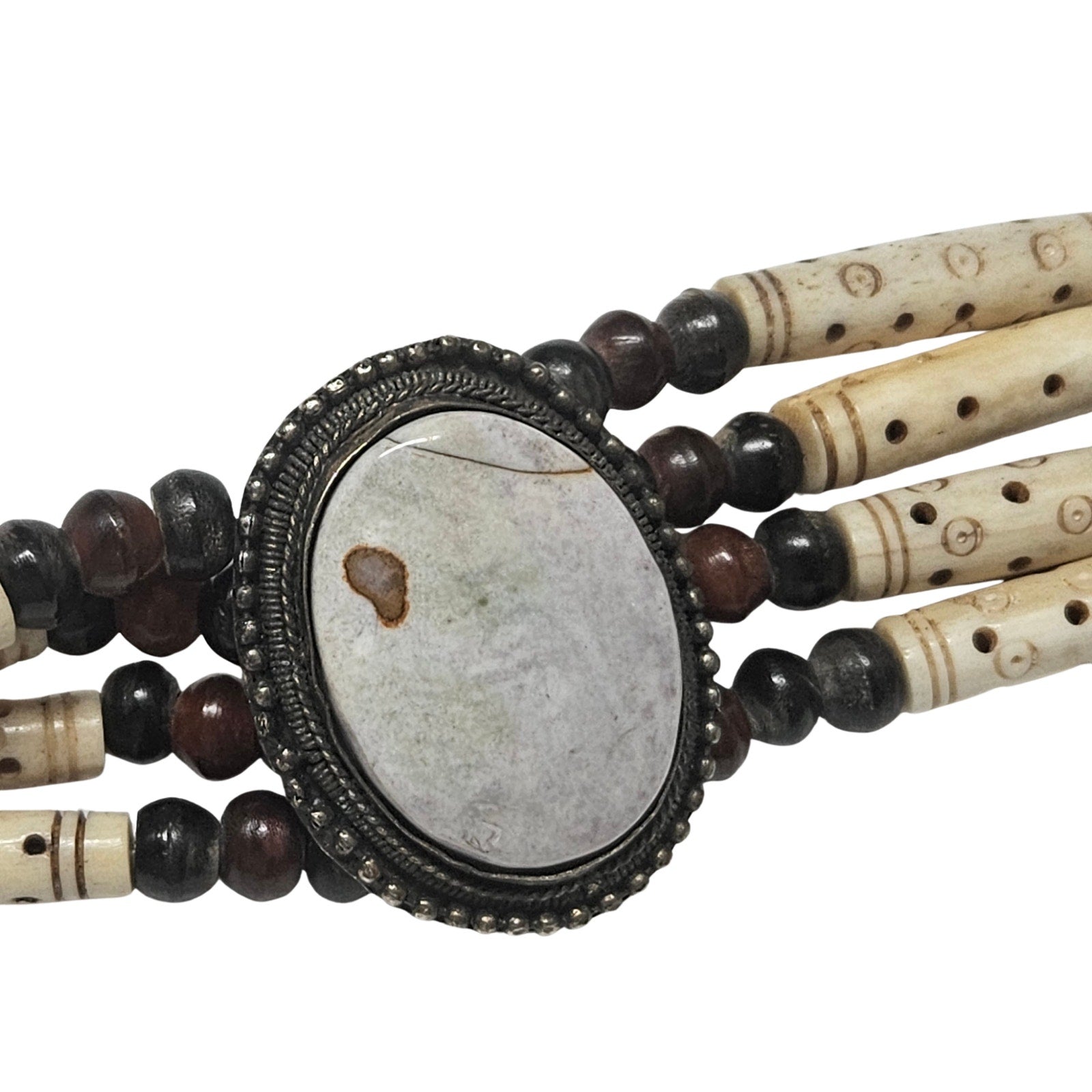 Natural Stone Bohemian Cabachon Concha Belt Carved Bone Beads Four Strands Small