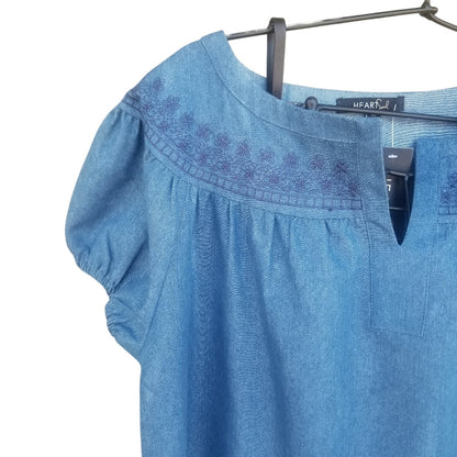Heart Soul Embroidered Short Blue Jean Dress Cap Sleeves Lined Lace Hemline Size Large