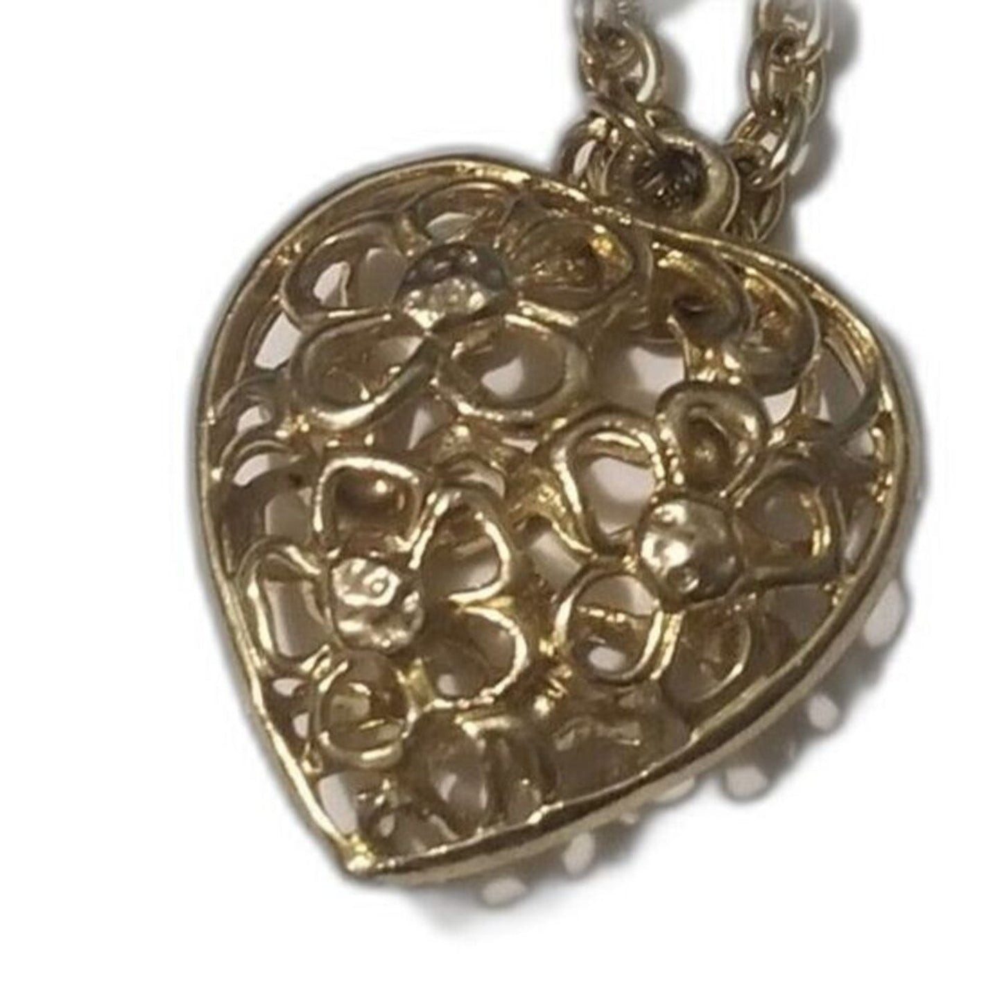 Vintage Pierced Cut Out 3D Puffy Heart Pendant Chain Link Statement Necklace