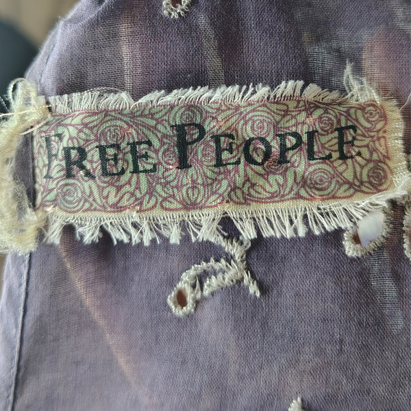 Free People Dark Purple Shirred Floral Embroidered Eyelet Dress Women's Size Small