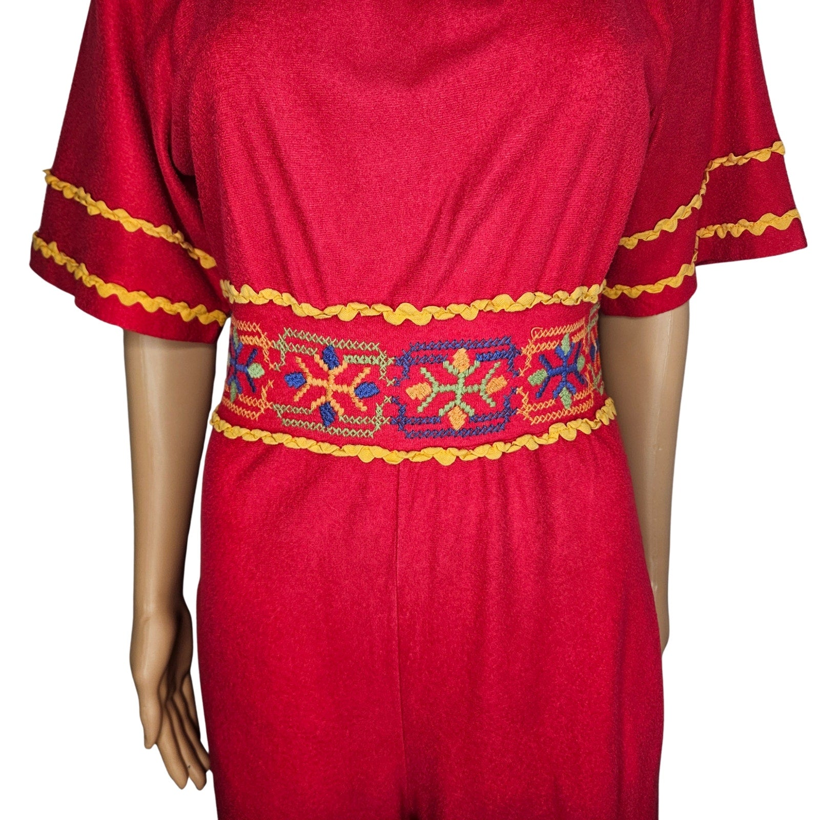 1990s Embroidered Red Katz Culotte Short Sleeve Romper Long Back Zipper Size Small