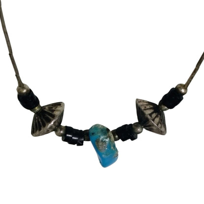 1970s Sterling Silver Liquid Beads Uncut Turquoise Stone Statement Boho Necklace