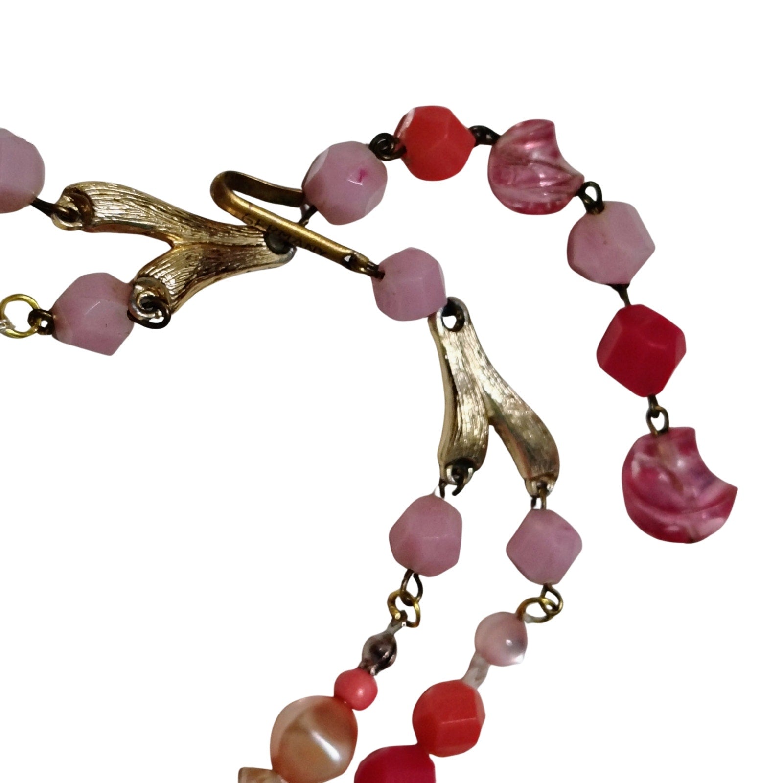 1950s Pink Translucent Plastic Double Layered Gold Tone Statement Necklace [Vintage]