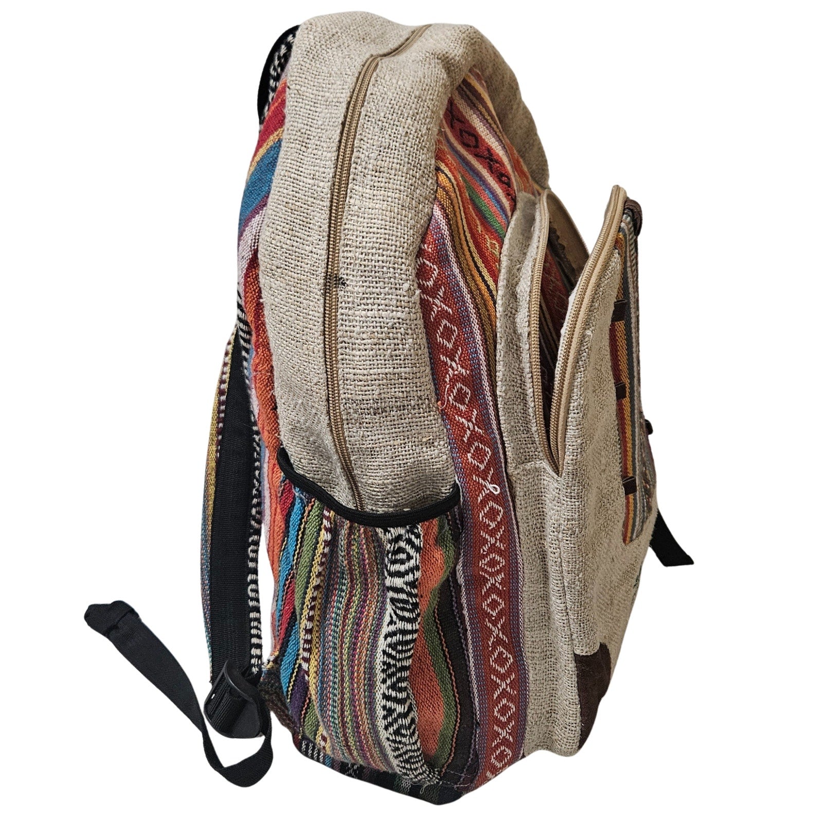 Tan Striped Handmade Pure Hemp THC FREE Laptop Holder Four Pocket Backpack