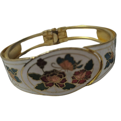 White Enamel Cuff Butterfly Floral Gold Cloisonne Bracelet Flowers [Vintage]
