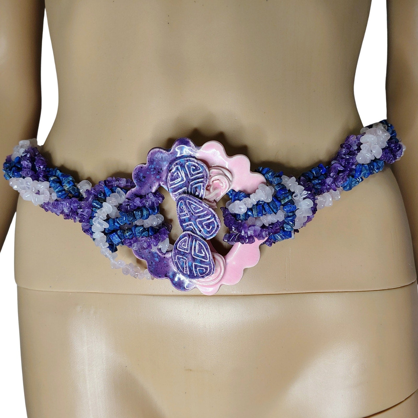 Purple Amethyst Lapis Lazuli Rose Quartz Belt Pottery Belt Buckle [Vintage]