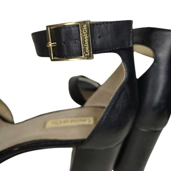 Louise et Cie Karisa Black Leather Ankle Strap Open Toe Block Heel Size 7M