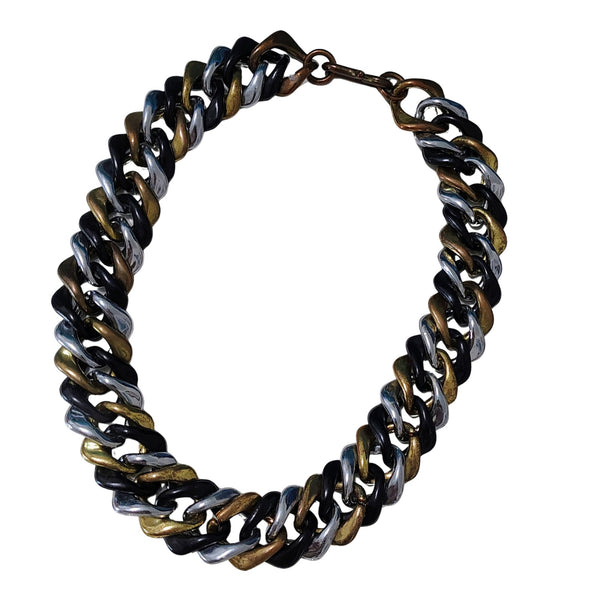 1970s Tricolor Black Gold Silver Plastic Interlocking Link Necklace Hook Closure [Vintage]