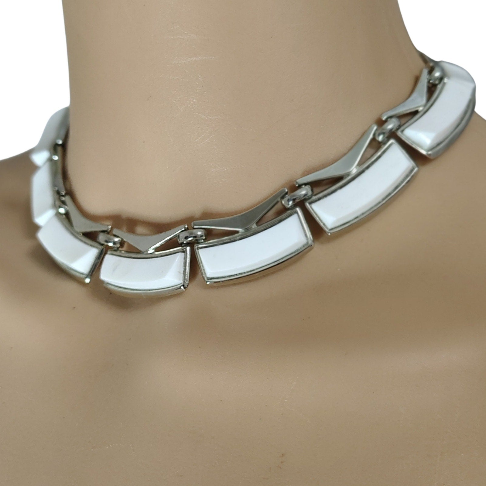 Monet Thermoset White Plastic Rectangular Links Set in Silver Tone [Vintage]