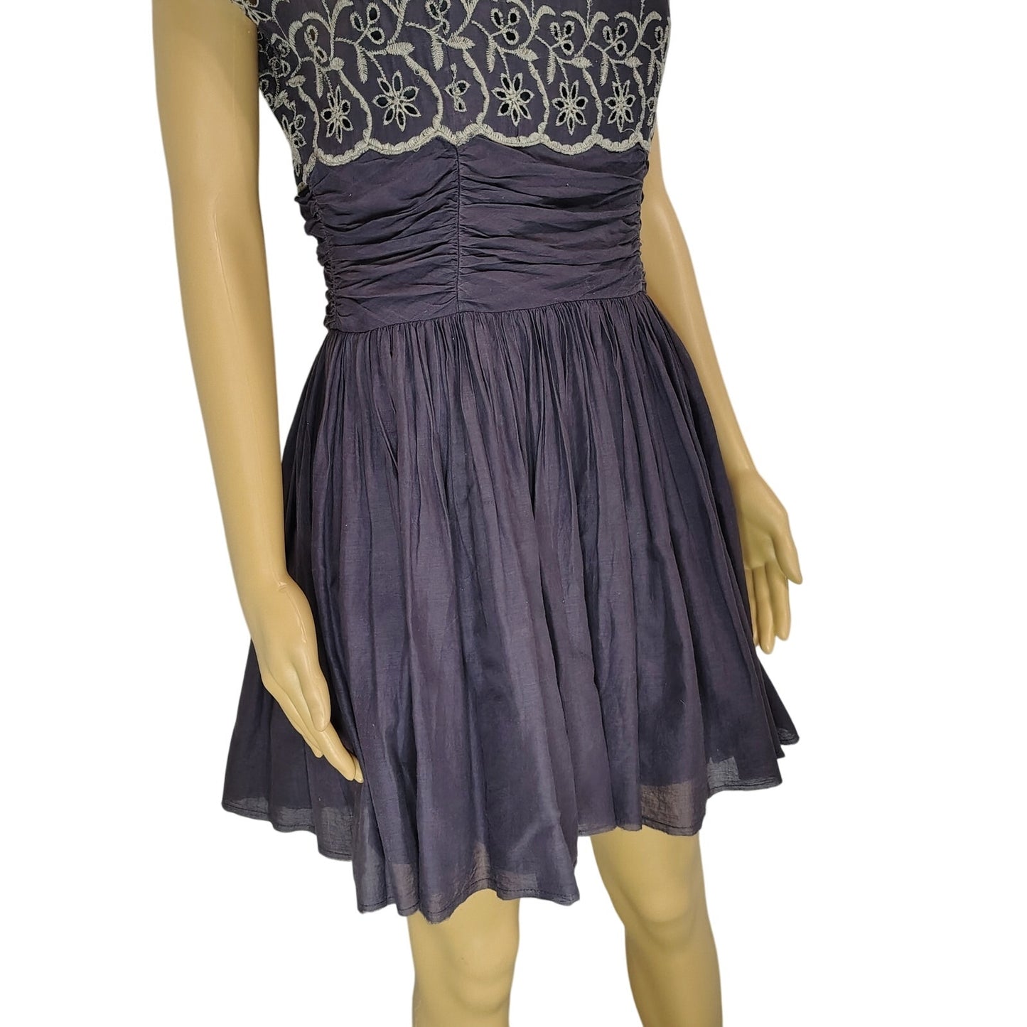 Free People Dark Purple Shirred Floral Embroidered Eyelet Dress Women's Size Small