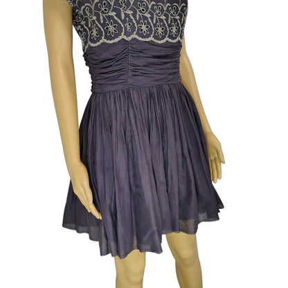Free People Dark Purple Shirred Floral Embroidered Eyelet Dress Women's Size Small