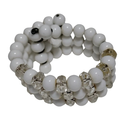 Antique White Glass & Crystal Bead Wire Strand Beaded Stiff Wire Cuff Bracelet