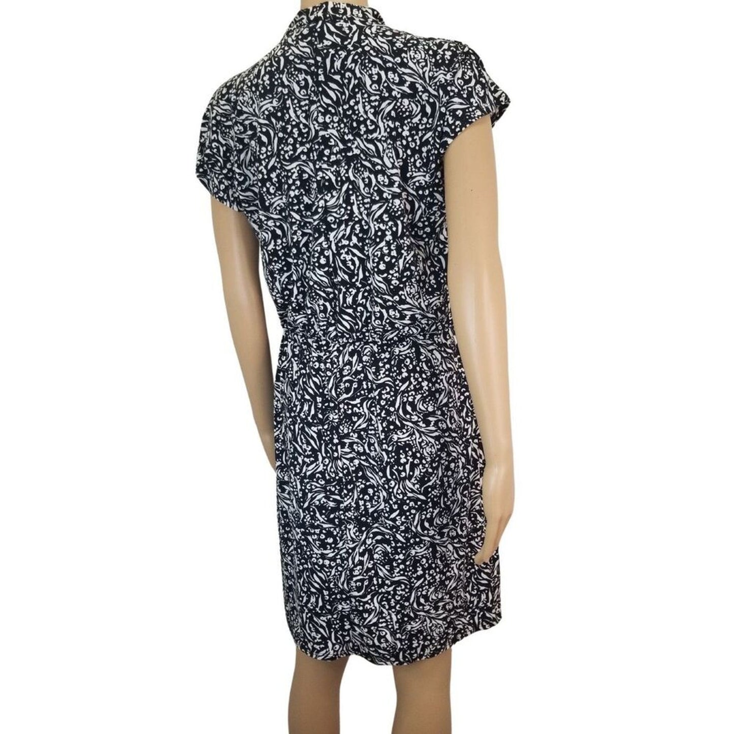 Black Midi H Halston V Neck Short Sleeve Stretch Elastic Waist Dress Size Small