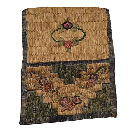 1940s Handwoven Grass Clutch Wallet Bag Floral Motiff Gently Used 8 x 6 Inch