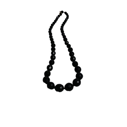 Black Beveled Glass Beaded Vintage Single Strand Necklace Spring Clasp Closurep