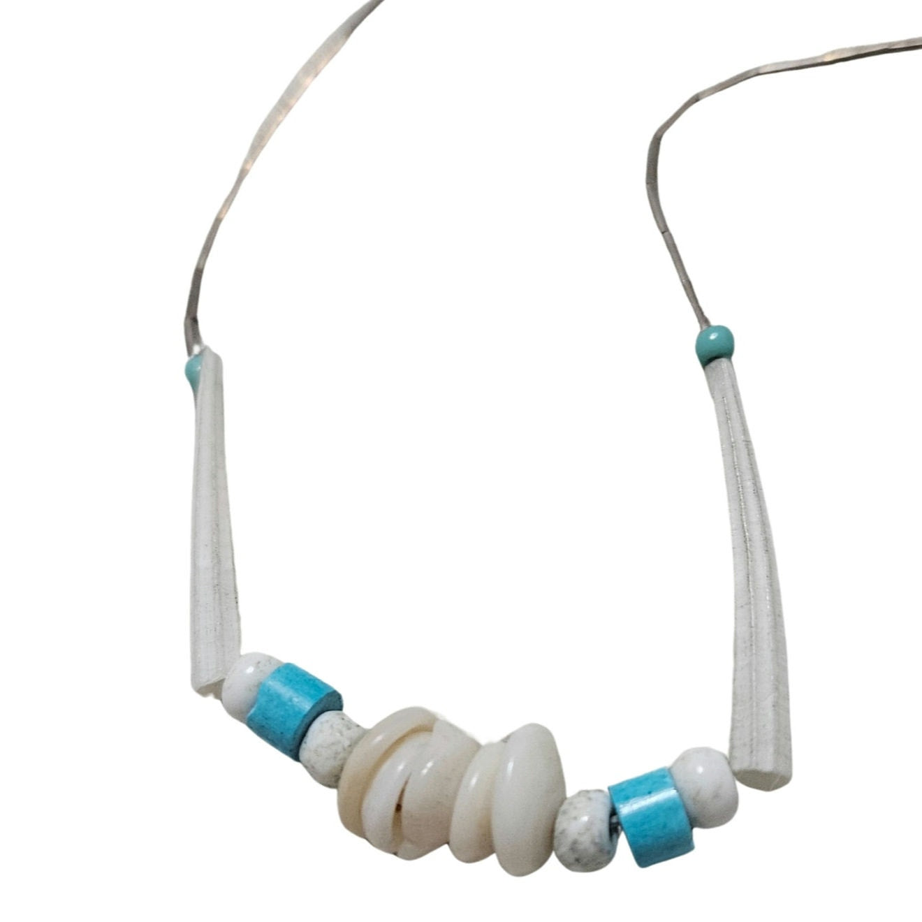 70s Sterling Silver Liquid Beads Turquoise Round Beads Shell Beads Boho Necklace