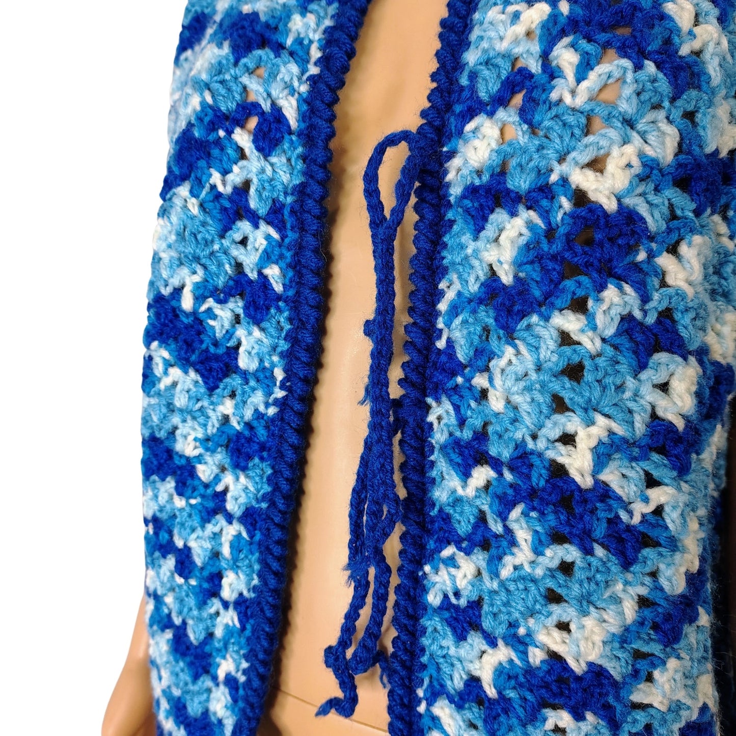 1970s Blue White Crochet Knit Cap Sleeves Tie Up Cardigan Sweater Size Large [Vintage]