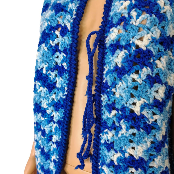 1970s Blue White Crochet Knit Cap Sleeves Tie Up Cardigan Sweater Size Large [Vintage]