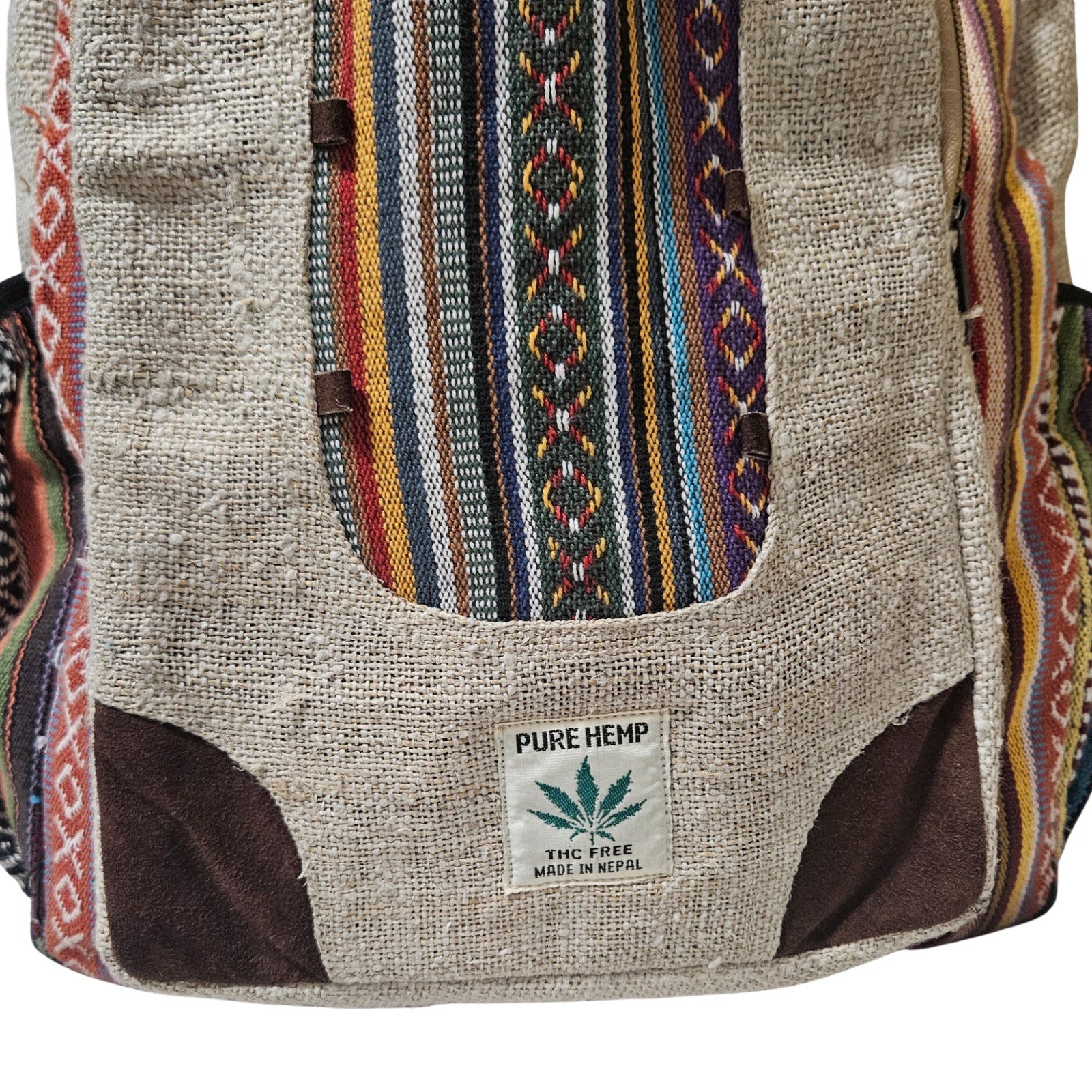 Tan Striped Handmade Pure Hemp THC FREE Laptop Holder Four Pocket Backpack