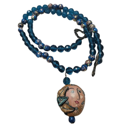 1980s Blue Artisan Crafted Polymer Clay Bead Face Pull Through Closure Necklace