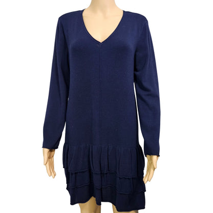 Style & Co. Knit Tunic Top Short Mini Vneck Navy Blue Drop Ruffle Hem Dress SZ M