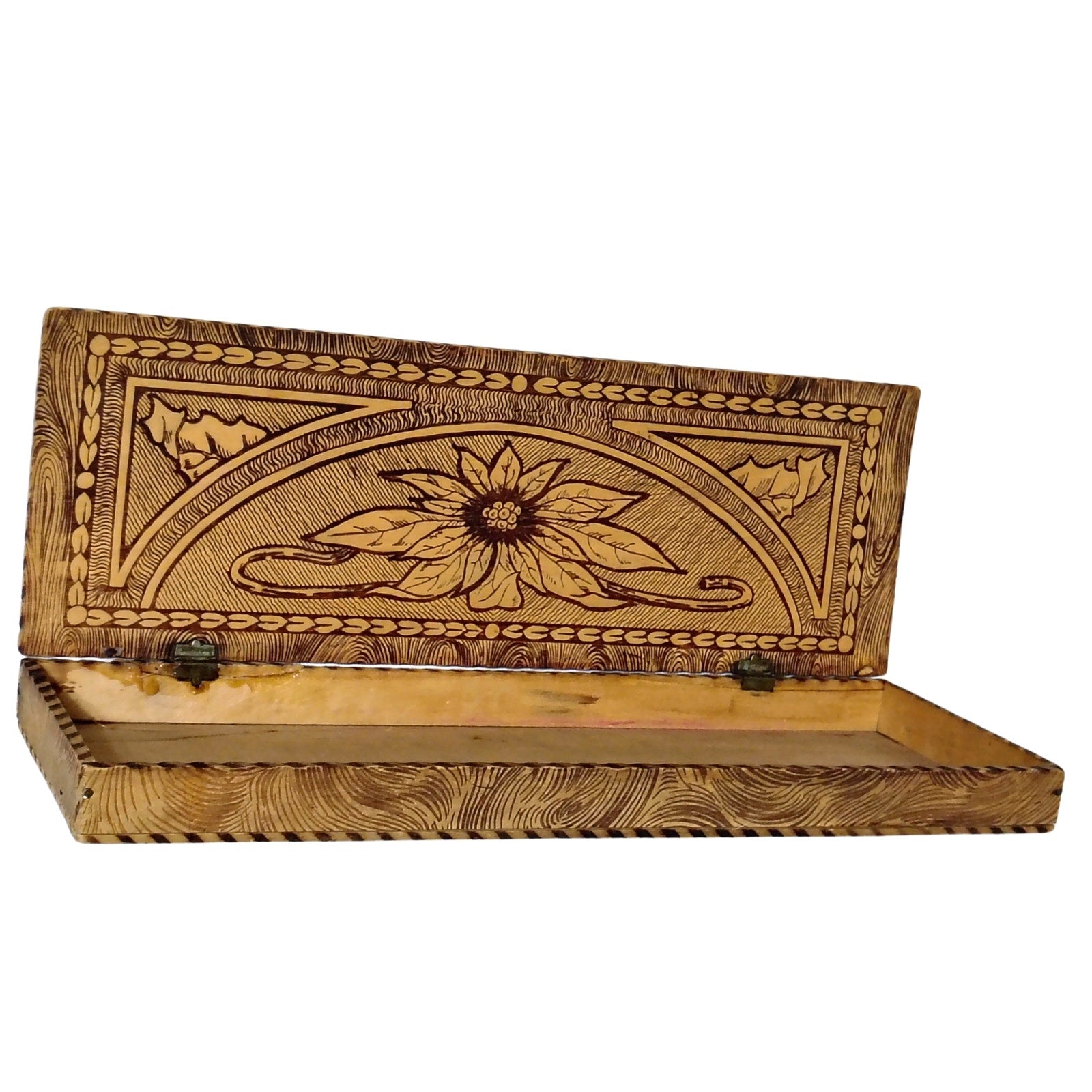 1930s Pyrography Glove Box Wooden Engraved Box Keepsake [Antique]