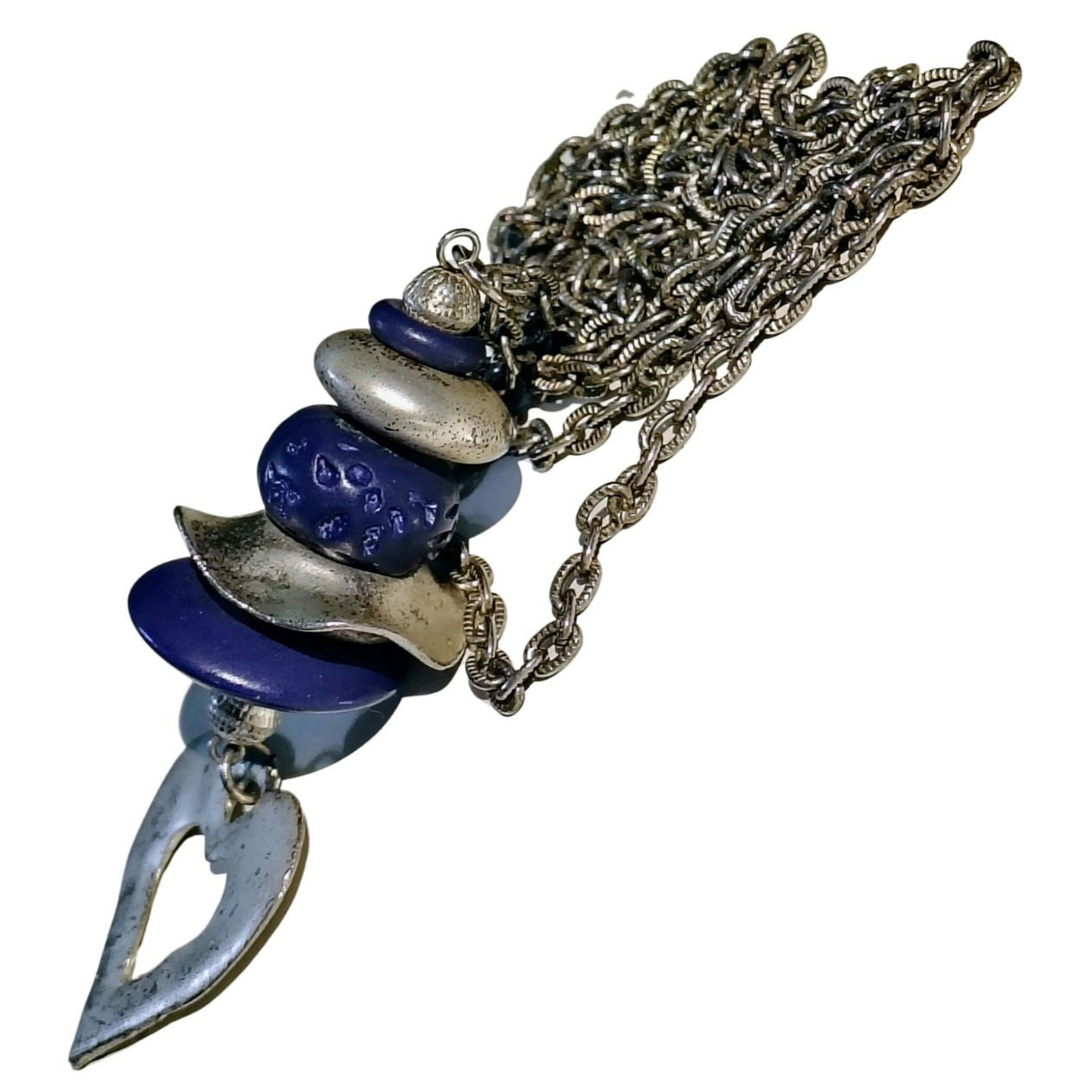 1980s Purple Stacked Beads Silver Tone Heart Long Chain Link Statement Necklace [Vintage]