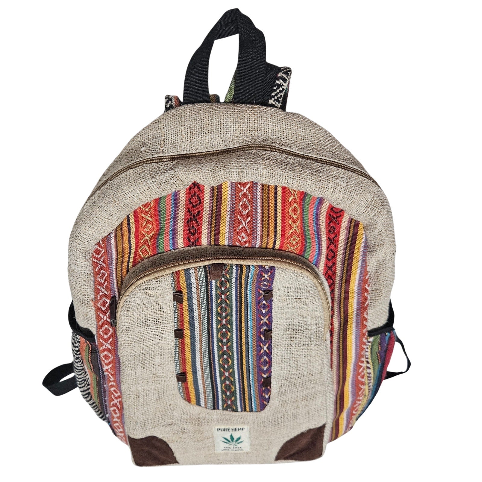 Tan Striped Handmade Pure Hemp THC FREE Laptop Holder Four Pocket Backpack