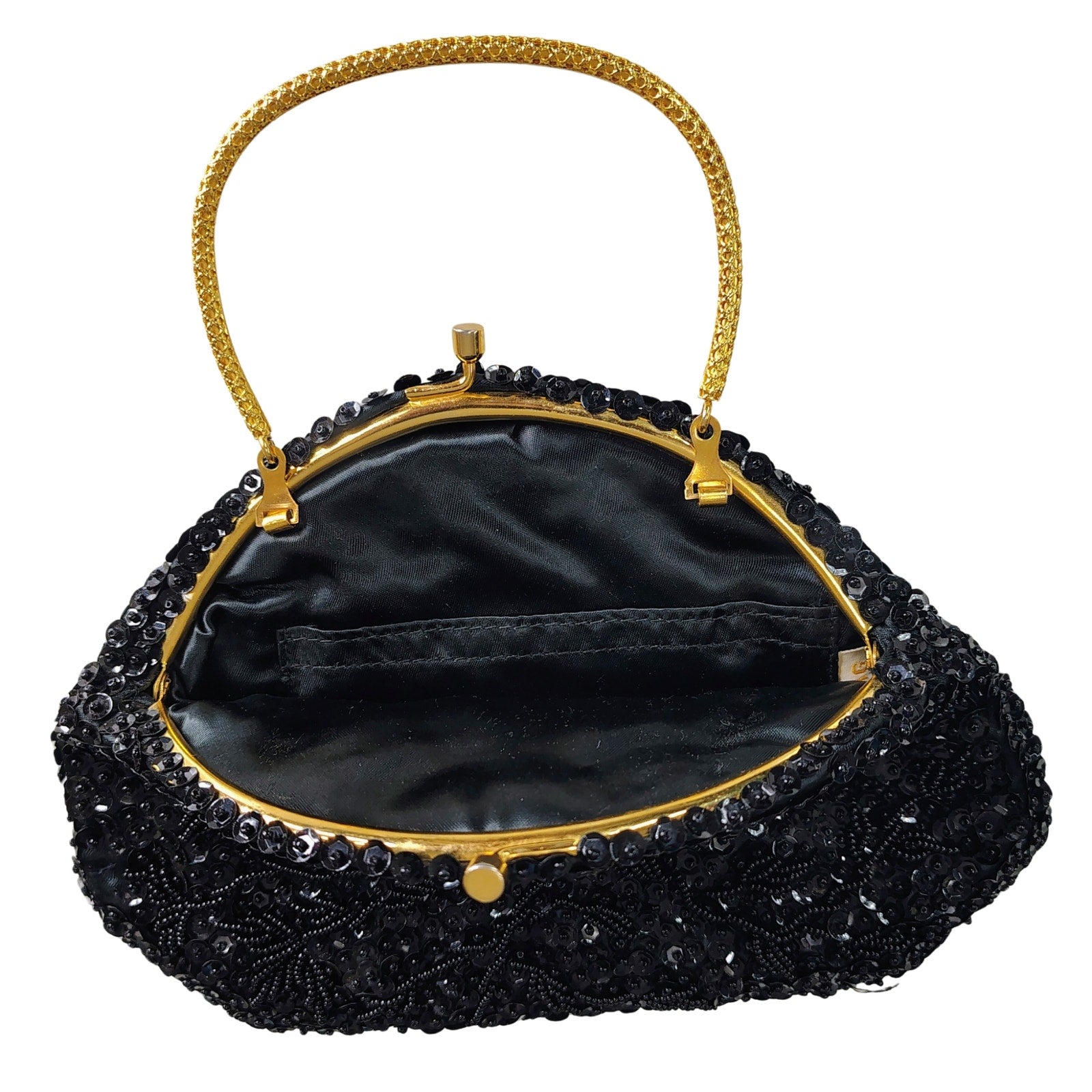 1960s Black Beaded Evening Bag Kiss Closure Handbag Gold Metal Top Handle Purse [Vintage]