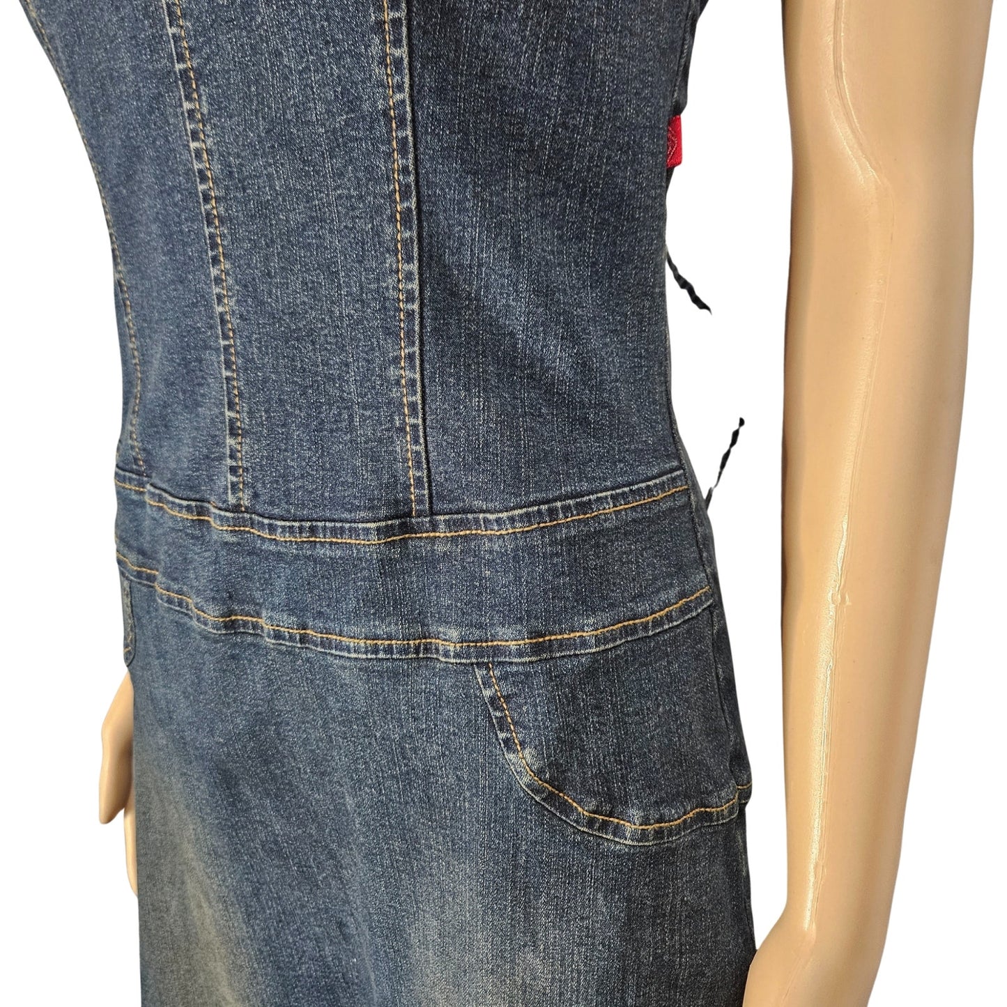 1990s Blue Stretch Denim Maxi Uneven Hemline Lace Up Back Jean Dress Size Large [Vintage]