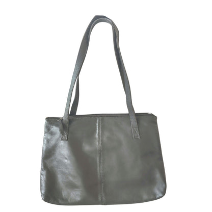 Gray Pleated Leather Vintage Shoulder Bag Two Handles Zip Top Purse 10.5" x 7.5"
